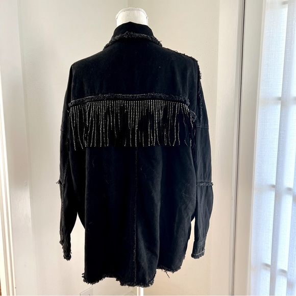 Zara Oversized Black Denim Jacket with Fringe & Rhinestones, Sz Medium - Picture 3 of 7